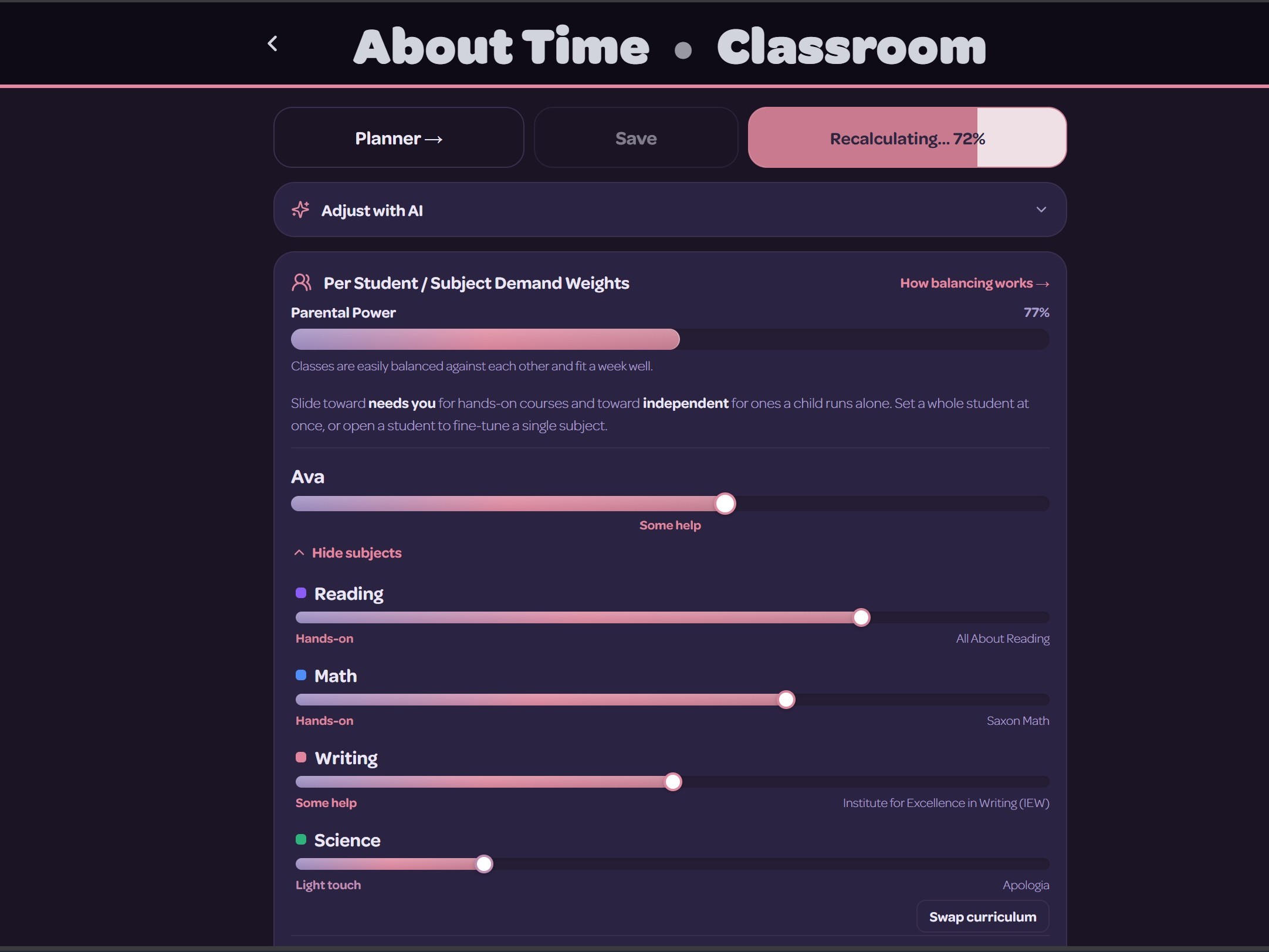 The Classroom “Schoolhouse Flow” panel with the per-child, per-subject hands-on demand sliders.