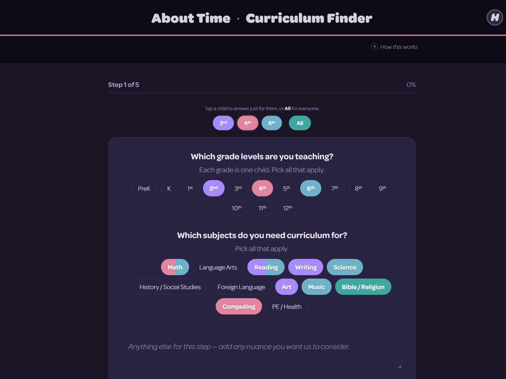 The Curriculum Finder quiz — a full matching quiz matched to your child's learning style and your family's values.
