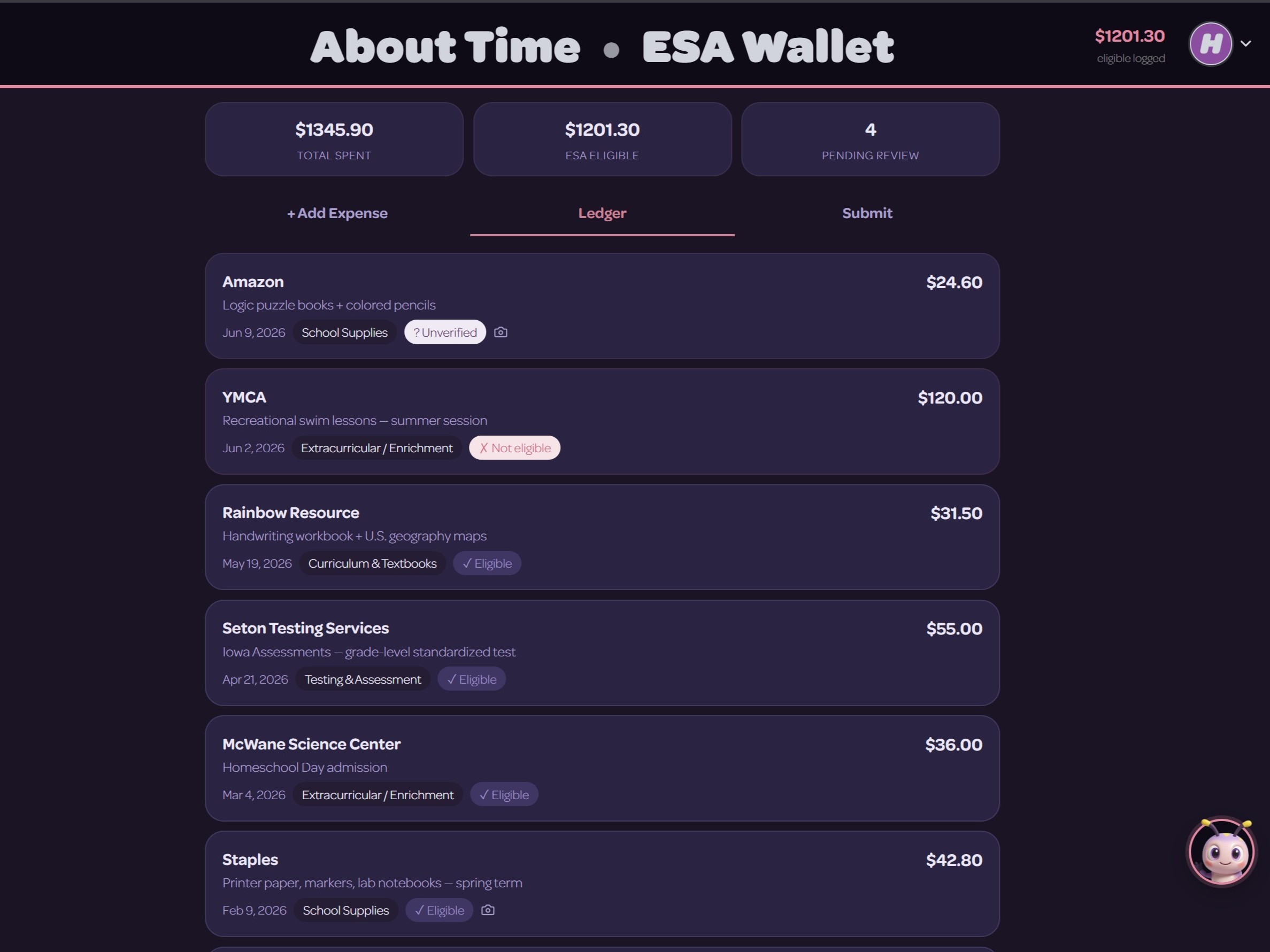 The ESA Wallet: a funding tracker with application status, renewal dates, and the receipt/expense ledger.