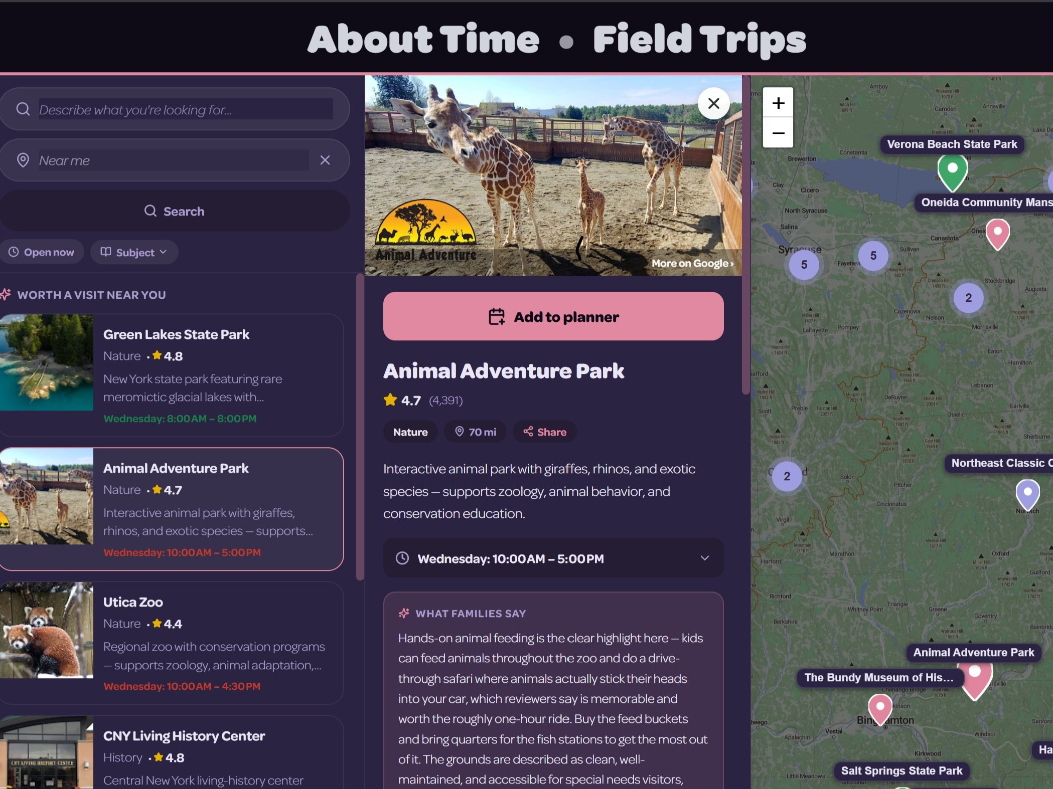 The field-trip map: subject-classified clustered pins across a metro, with the search sidebar showing the curated results.