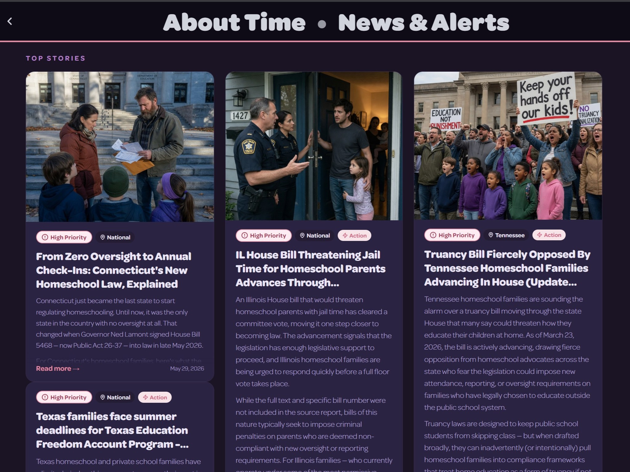 The News & Alerts feed showing a recent state law / requirement-change story (the alert + “why now” callout).