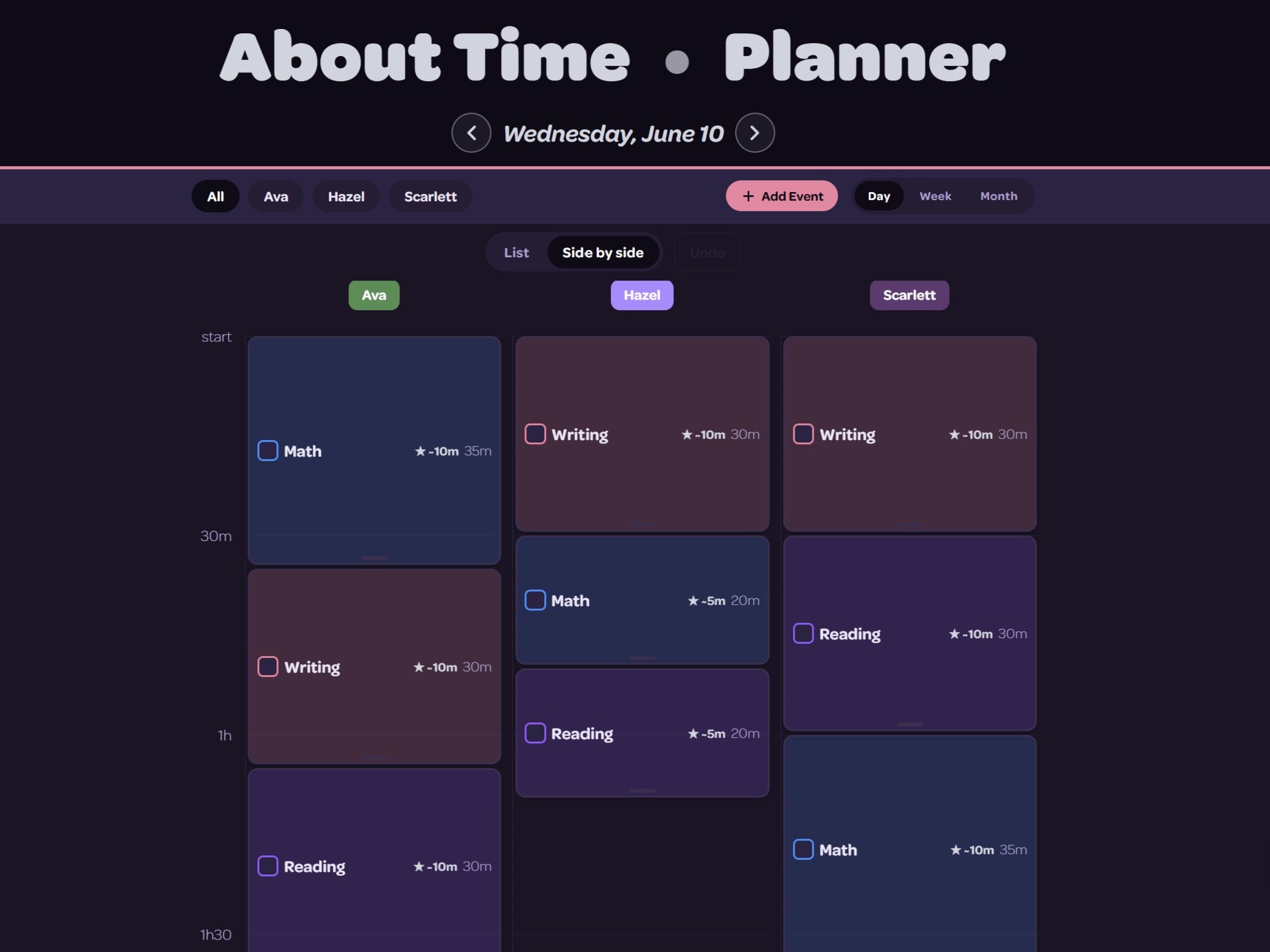 The side-by-side planner timeline for the day, with the ①②③ visit-order badges on the hands-on lessons.