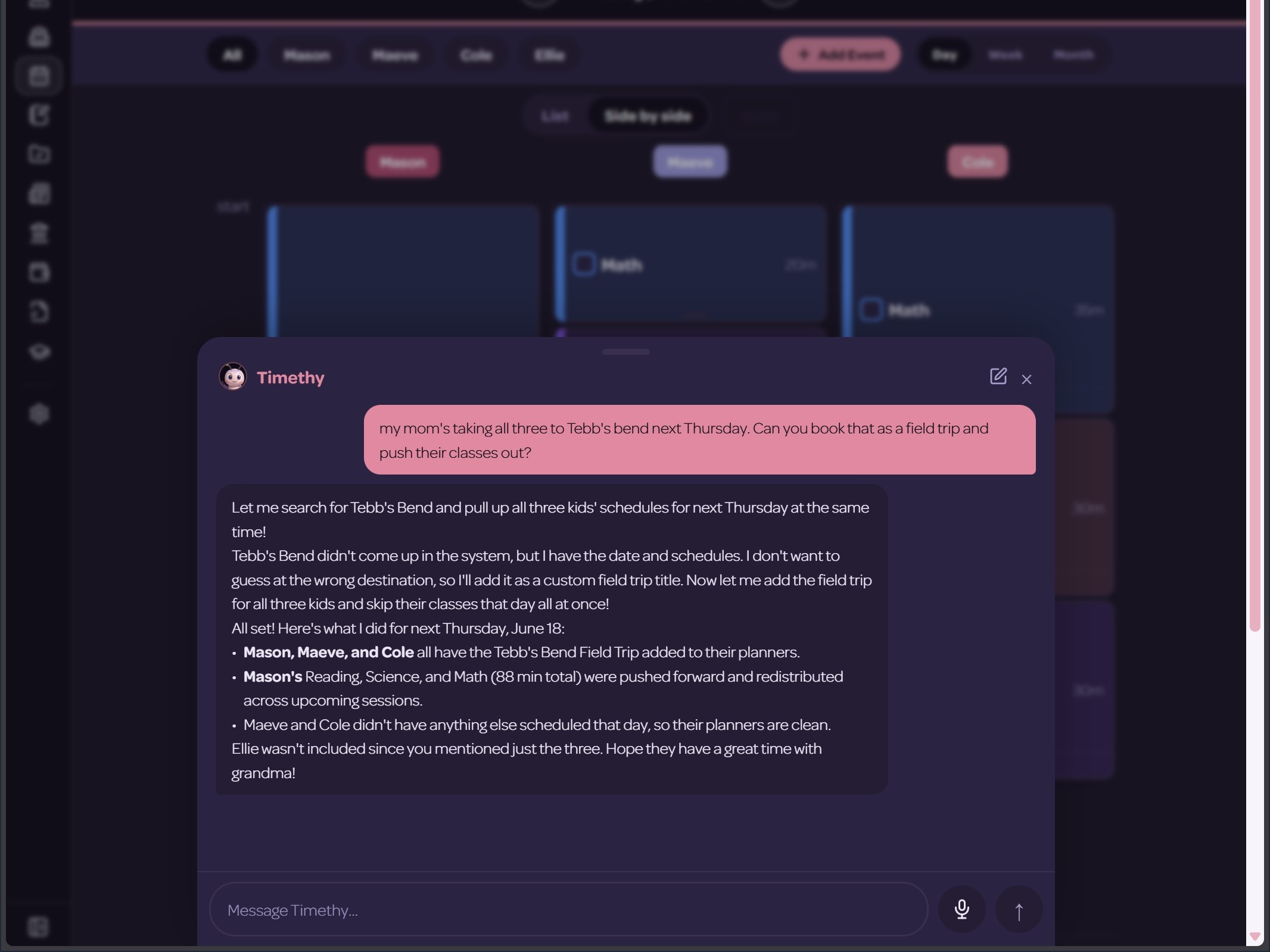 The Timethy AI assistant mid-task — making a real change to the plan, with the undo affordance visible.
